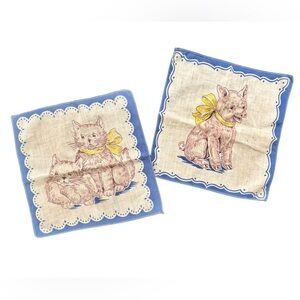 TWO Vintage Child’s Hankies Handkerchiefs Kitty Cats Piglet Blue Edge Adorable